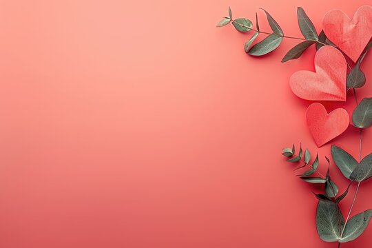 14 feb valentine card design red paper hearts with green leaves on light pink background