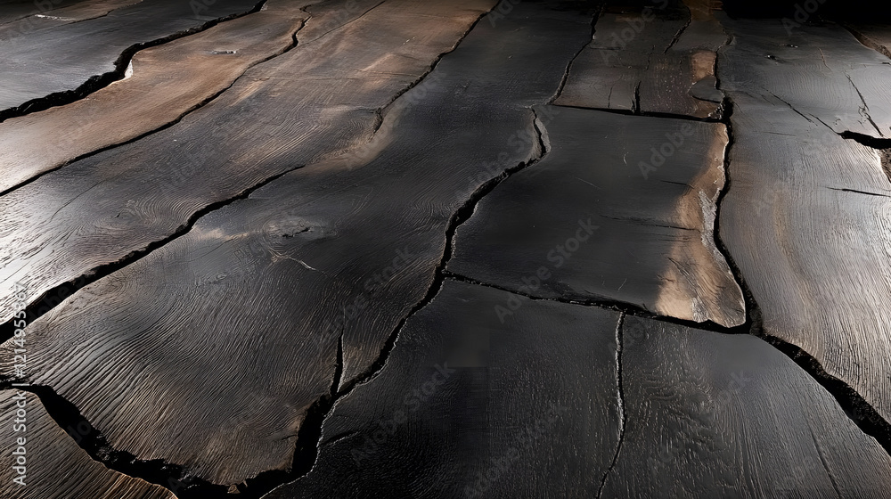 Poster Cracked, dark surface with a textured pattern and reflections in low light