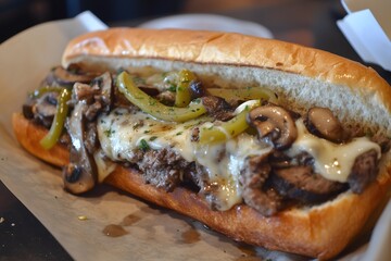 A delicious Philly cheese steak sandwich with mushrooms and bell peppers in a toasted hoagie roll