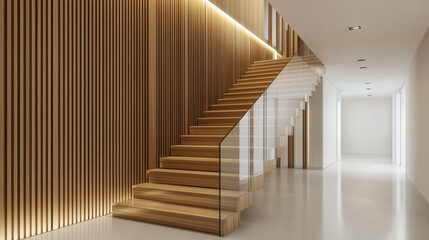Obraz premium Modern interior featuring a wooden staircase with glass railing, illuminated hallway, and minimalist design