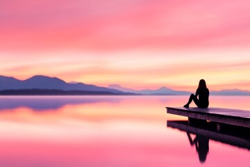 A person sitting on a dock at sunrise, their silhouette reflecting in the calm water, gazing into the horizon