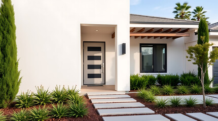 Fototapeta premium Modern House Exterior: Contemporary Home Design and Landscaping.Luxury Real Estate Property with Minimalist Architecture and Garden