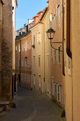 Historic Steingasse Street Salzburg Austria. Windy, narrow Steingasse street in the historic city center of Salzburg, Austria. 

