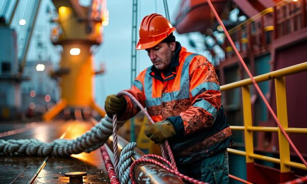 Worker secures ropes on a ship as dusk approaches in a bustling port