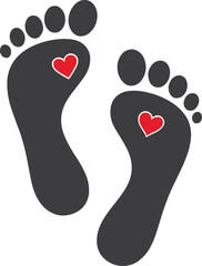 Black Footprints with Red Hearts, Minimalist Love and Care Symbol for Podiatry Wellness