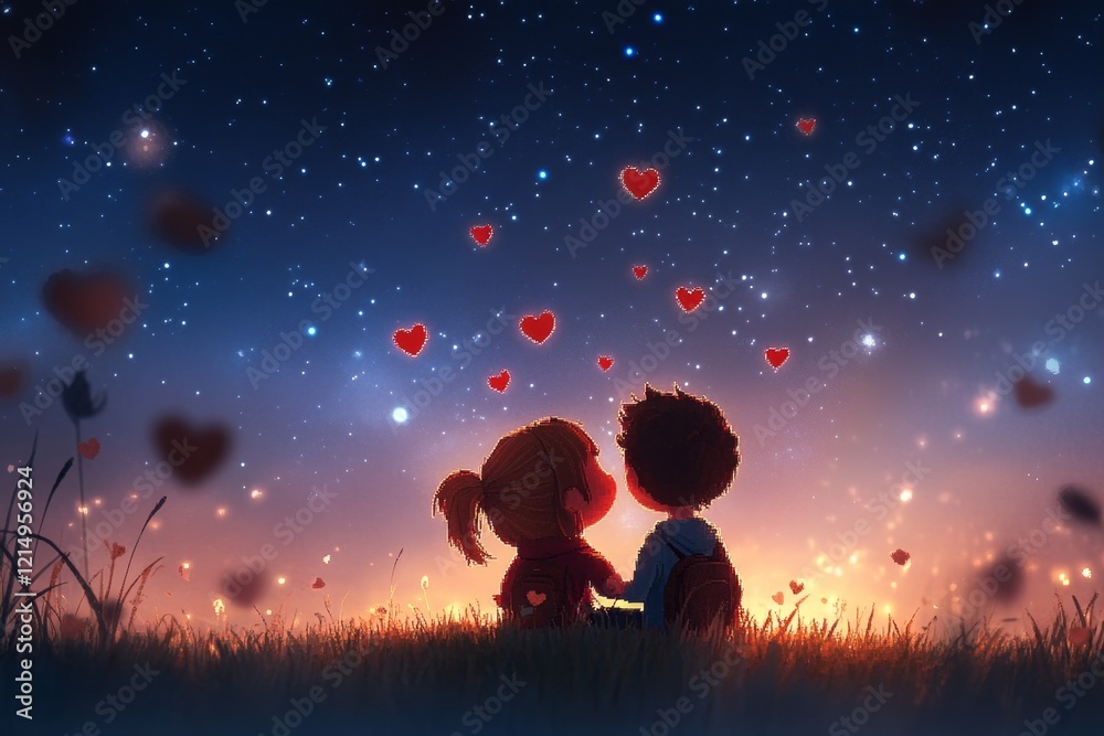 Aufkleber A pixel art animation of a couple sitting together on a hill under a starry sky, with tiny pixelated hearts floating between them