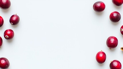 A scattered display of bright red cranberries on a plain white background, emphasizing the freshness and glossy finish of each berry