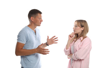 Man and woman talking on white background