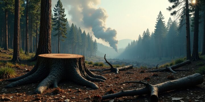 A majestic tree stump, gnarled roots reaching out, stands sentinel amidst a serene forest bathed in the soft light of dawn, a distant plume of smoke painting the sky, hinting at a transformation