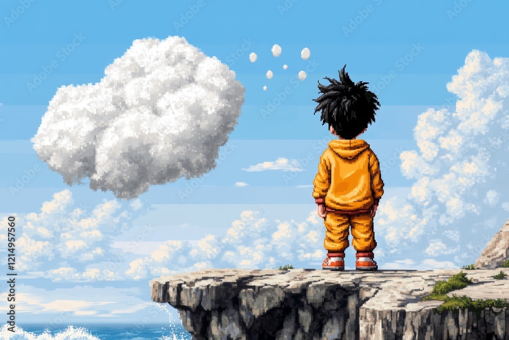 Poster a pixel art scene of a small character standing at the edge of a cliff, nervously looking down at th