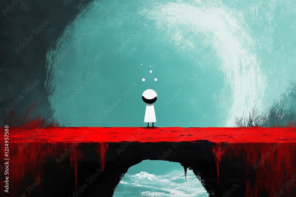 Poster a pixel art scene of a small character standing at the edge of a cliff, nervously looking down at th