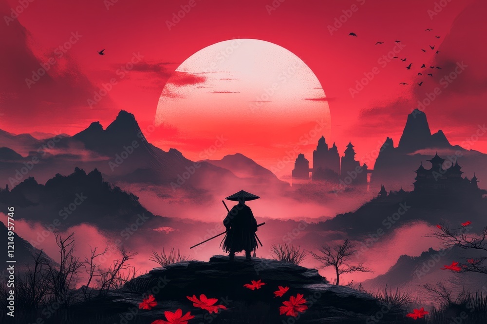 Poster a pixel art scene of a small character standing on a hill under a rising sun, surrounded by pixelate