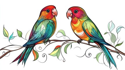 Pair of colorful lovebirds perched on a branch in a vibrant setting during daylight hours