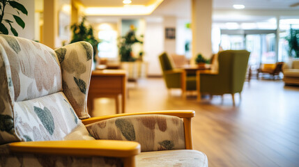 Empty retirement home common area with unoccupied chairs and quiet surroundings, reflecting solitude and the passage of time in aging communities.