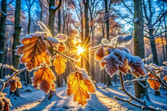 Frozen Leaves, Danish Forest Winter Wonderland - Stock Photo