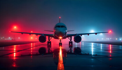 Front View of Commercial Airplane Ready for Takeoff at Night