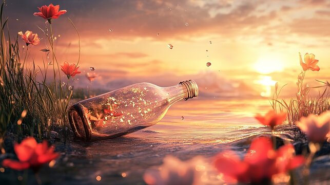 Romantic message in a bottle found on a serene beach at sunset with flowers nearby