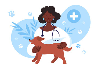 A vet clinic worker black woman, animal doctor with stethoscope and puppy. World Veterinary Day. Isolated vector illustration in flat style for flyer, banner, landing page, blog of veterinary clinic, 