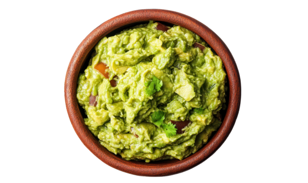 Bowl with guacamole isolated on white background, top view