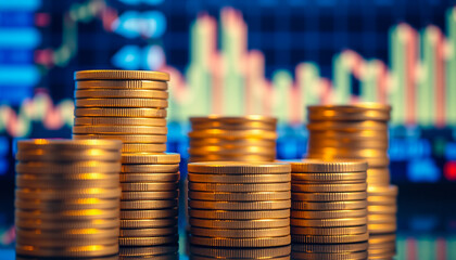 Stacked gold coins with a stock market chart in the background