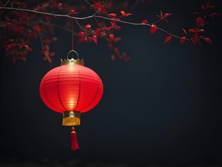 Obraz premium a single red Chinese lantern softly glowing in a tranquil night scene, with gentle gradients of red and gold. The background should have subtle textures and sample open space for text. 