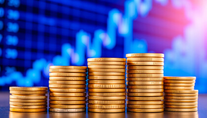 Stacked gold coins with a stock market chart in the background