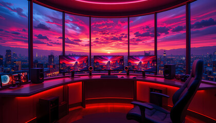 Fototapeta premium Futuristic Gaming Setup with Multiple Screens and High-Tech Graphics – Perfect for Tech Enthusiasts 