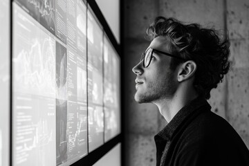 A young man thoughtfully observes complex data visualizations displayed on numerous screens.