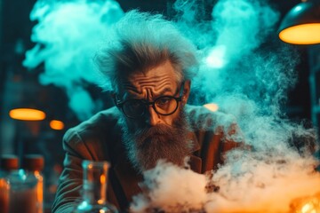 A scientist in a lab looking at a beaker with a troubled expression, as smoke rises from a failed experiment