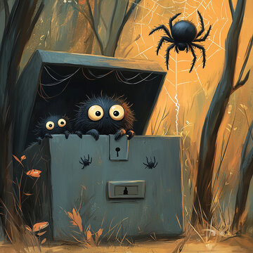 Whimsical illustration of spiders living in a mailbox in a forest