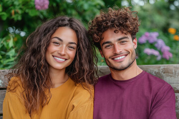 Fototapeta premium Happy couple enjoys a sunny day in the park among blooming flowers
