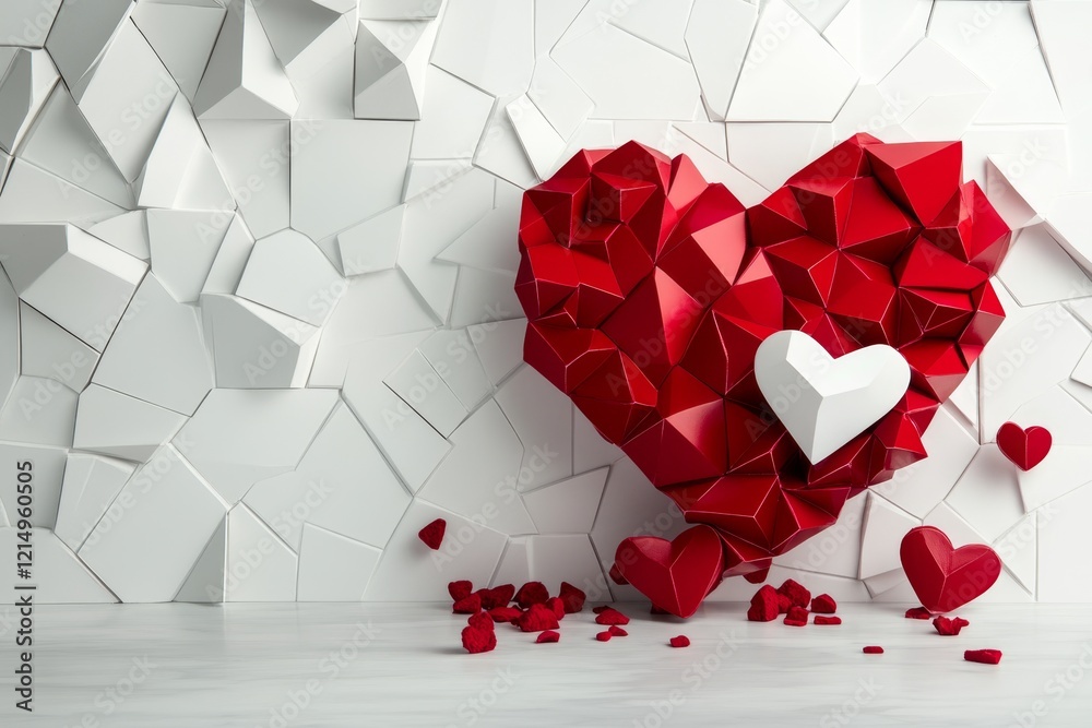 Aufkleber a simple geometric heart design made from interlocking shapes in vibrant reds and pinks, with a clea