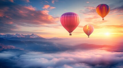Fototapeta premium Colorful Hot Air Balloons Soaring Above a Misty Mountain Landscape at Sunrise