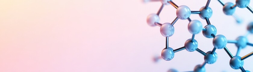 A close-up view of a molecular structure with blue spheres and dark connections, set against a soft, gradient background.