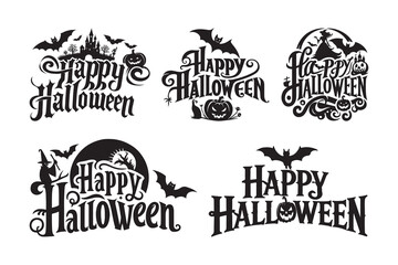 Fototapeta premium Set of Happy Halloween Calligraphy silhouette vector icon, isolated on white background