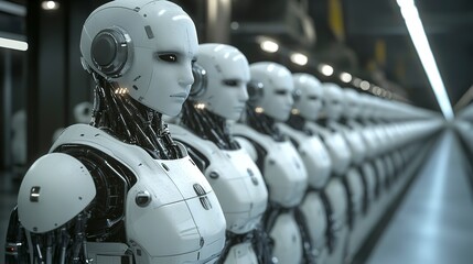 Fototapeta premium Robots support workers in assembly line tasks during the modern industrial workflow