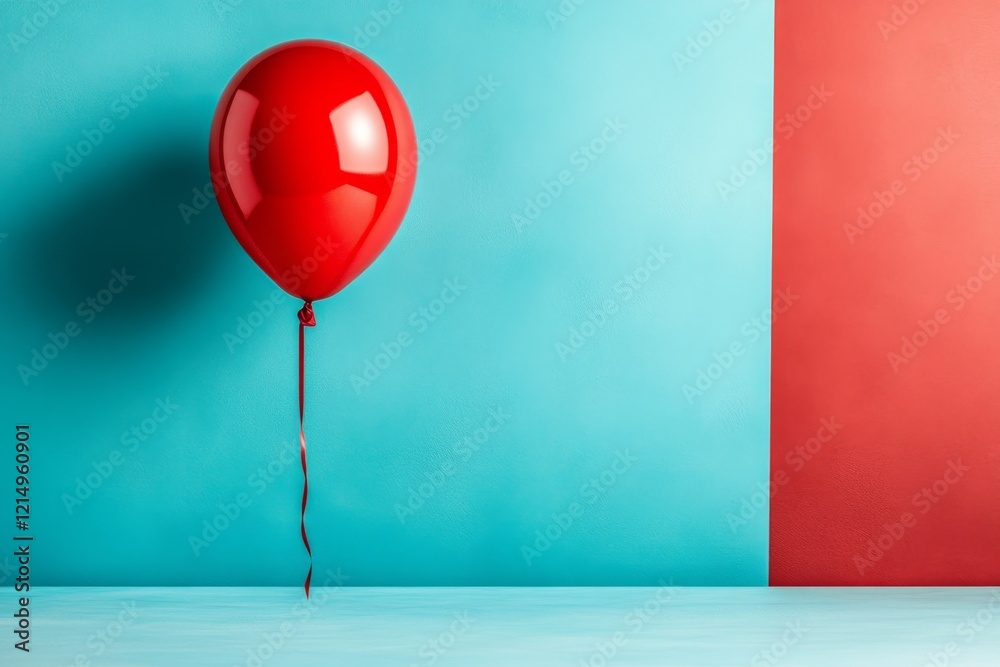 Poster a single balloon floating upward, illustrated with a simple line and a vibrant red or blue color pop