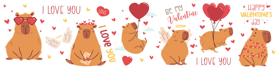 A set of flat vector illustrations in a simple children's style on the theme of valentine's day. Cute capybaras with hearts and wings on white background, captions. Vector illustration
