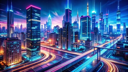 Fototapeta premium Futuristic City Nightscape: Circuitry & Dynamic Light Trails Stock Photo