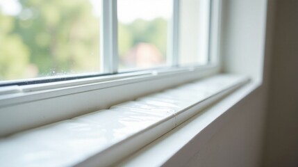 Close-up view of a freshly painted windowsill, showcasing the smooth, glossy finish and the subtle details of the window frame against a softly blurred natural backdrop