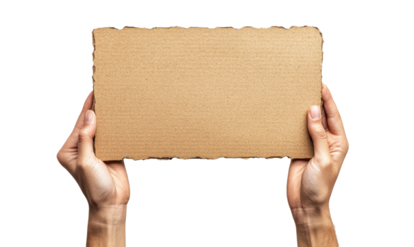 Hand with blank cardboard placard isolated on transparent background - Powered by Adobe