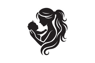 silhouette vector of a mom with baby icon, isolated on white background