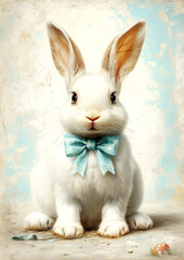 Obraz premium A white rabbit with a blue bow tie is sitting on the ground. The rabbit is looking at the camera with a curious expression. The image has a playful and whimsical mood