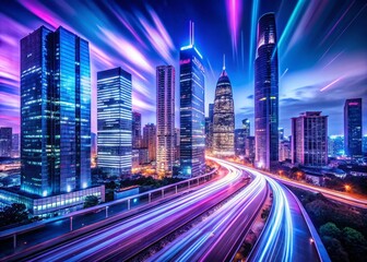 Fototapeta premium Futuristic Cityscape at Night: Long Exposure of Modern Technology and Architecture