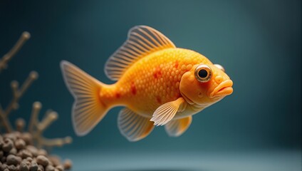 Orange Goldfish in Teal Water with Artificial Plant