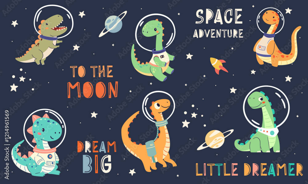 Canvas Prints set of flat vector illustrations in children's simple style. cute dinosaurs in spacesuits flying in 