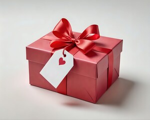 Obraz premium A red gift box with a satin ribbon and a blank gift tag perfect for Valentine's Day or any special occasion.