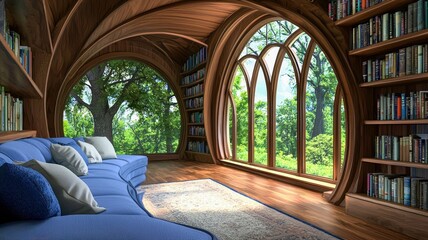 A cozy reading nook with a wooden interior, large windows, and bookshelves, surrounded by lush greenery, creating a serene and inviting atmosphere.