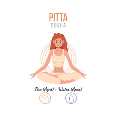 Ayurvedic physical constitution. Pitta dosha. Color type and body composition depending on dosha. Mesomorph in yoga pose. Vector illustration isolated on white background