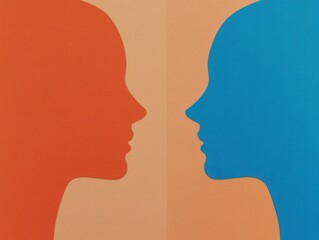 Silhouettes of Two Faces in Contrasting Colors Representing Human Connection, Communication, and Diversity in Artistic Expression for Stock Photography